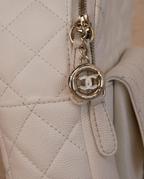 Interlocking CC Logo Quilted Caviar Leather Stylish Daypack Gold Zip, Convertible Shoulder Bag
