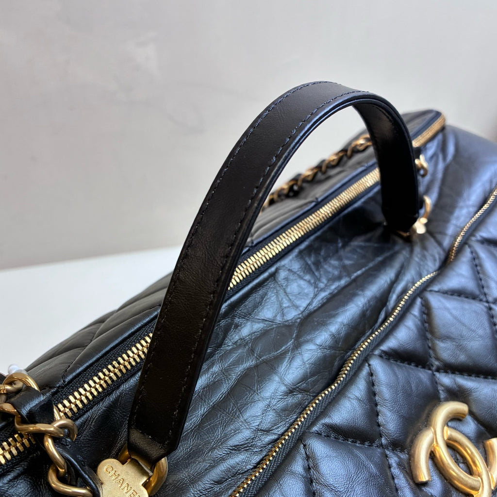 Chanel 23C Black Lambskin Bowling Travel Bag Gym Bag with Chip