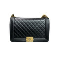 Chanel Le Boy Medium Black and Gold Lambskin Chain Bag 19 Opening, Structured Shape, Clean Interior.
