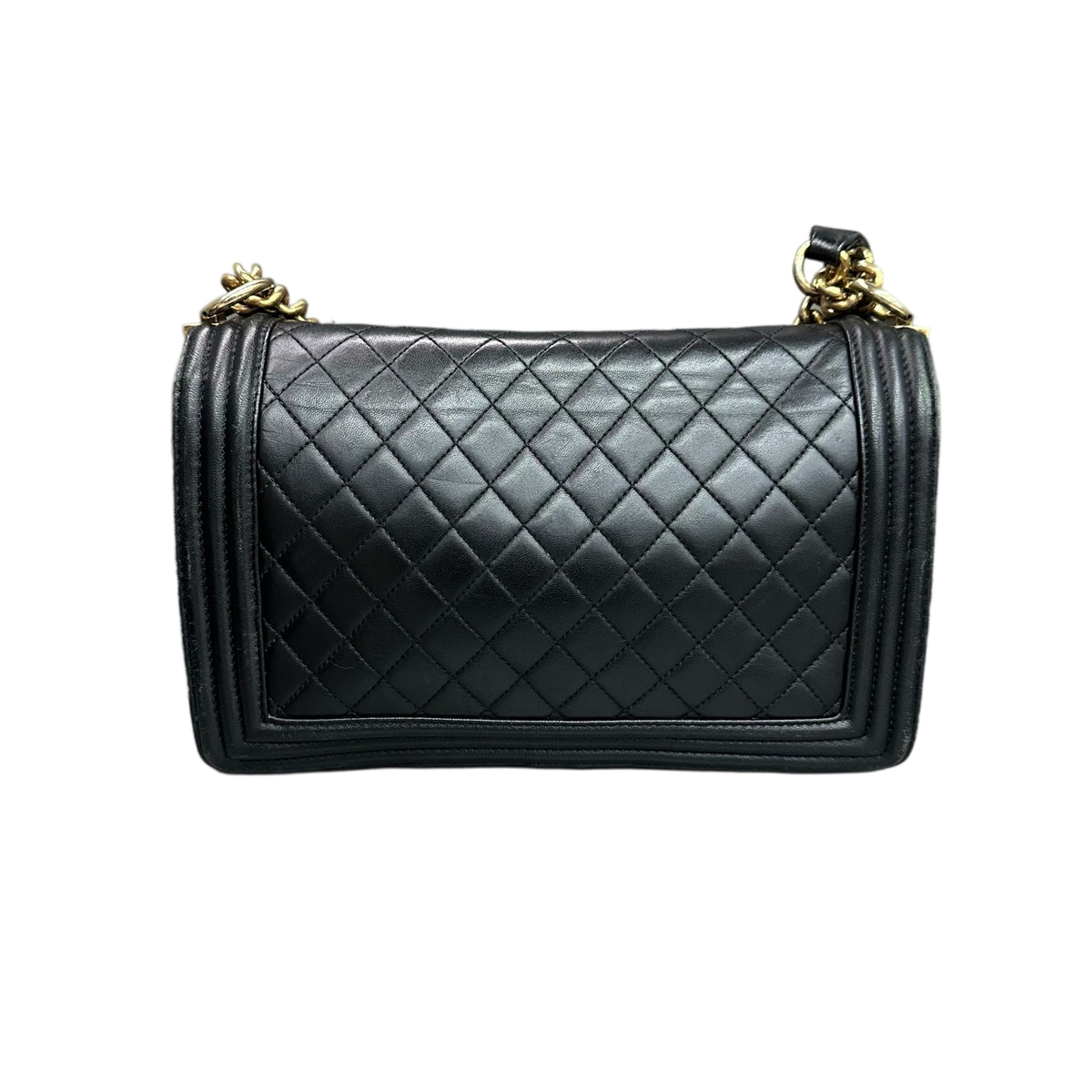 Chanel Le Boy Medium Black and Gold Lambskin Chain Bag 19 Opening, Structured Shape, Clean Interior.