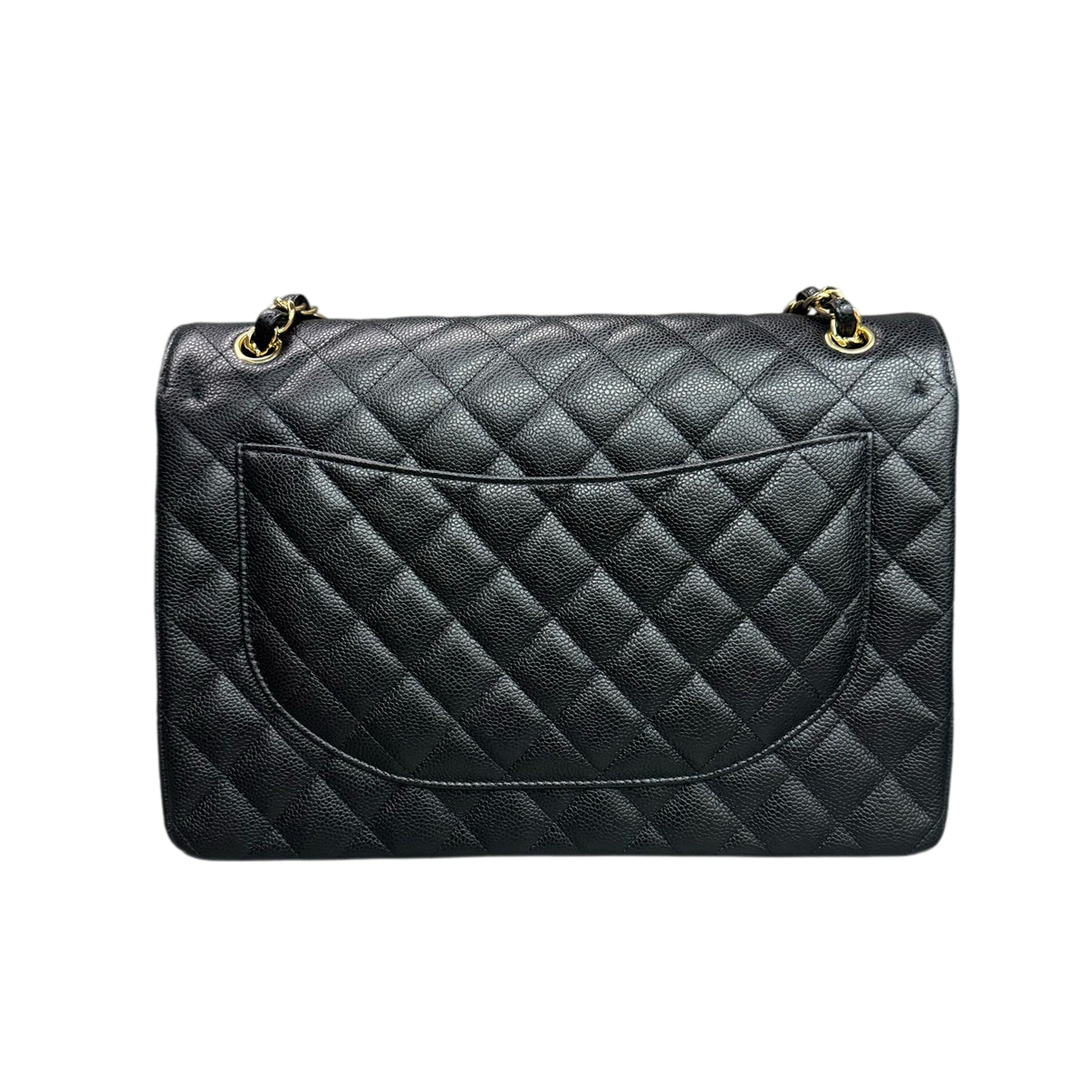 Chanel Black Gold Lychee Leather Maxi 28 Full Set, Structured Shape, Clean Interior, Available at a Great Price.