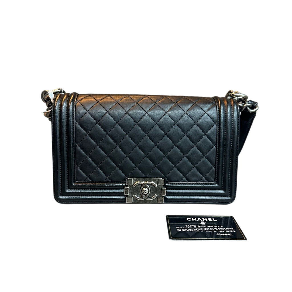 Chanel Le Boy Medium Black Silver Lambskin Chain Bag 20 with Card