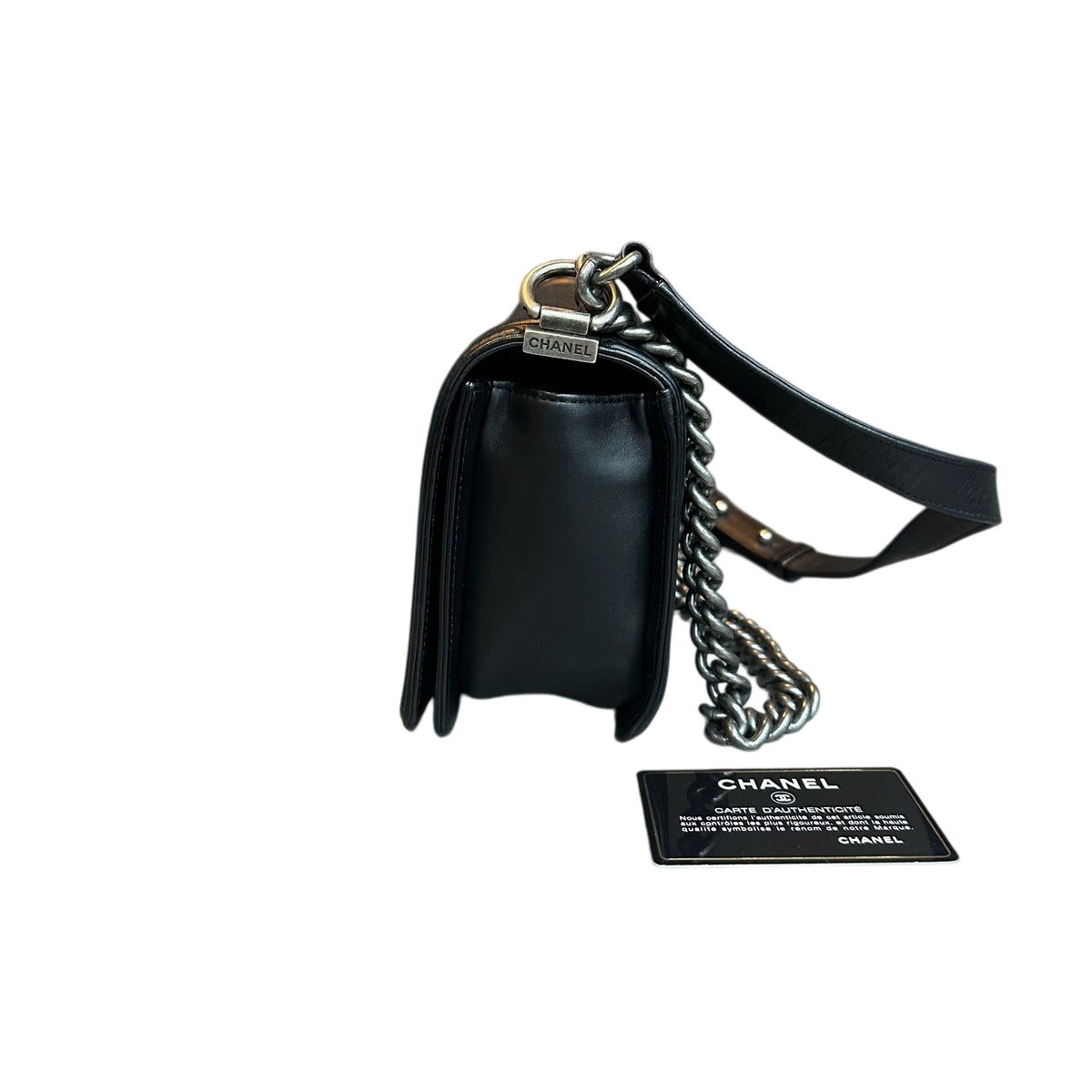 Chanel Le Boy Medium Black Silver Lambskin Chain Bag 20 with Card