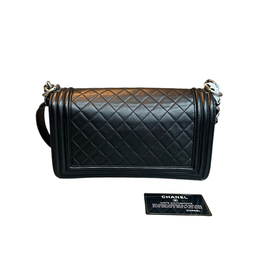 Chanel Le Boy Medium Black Silver Lambskin Chain Bag 20 with Card