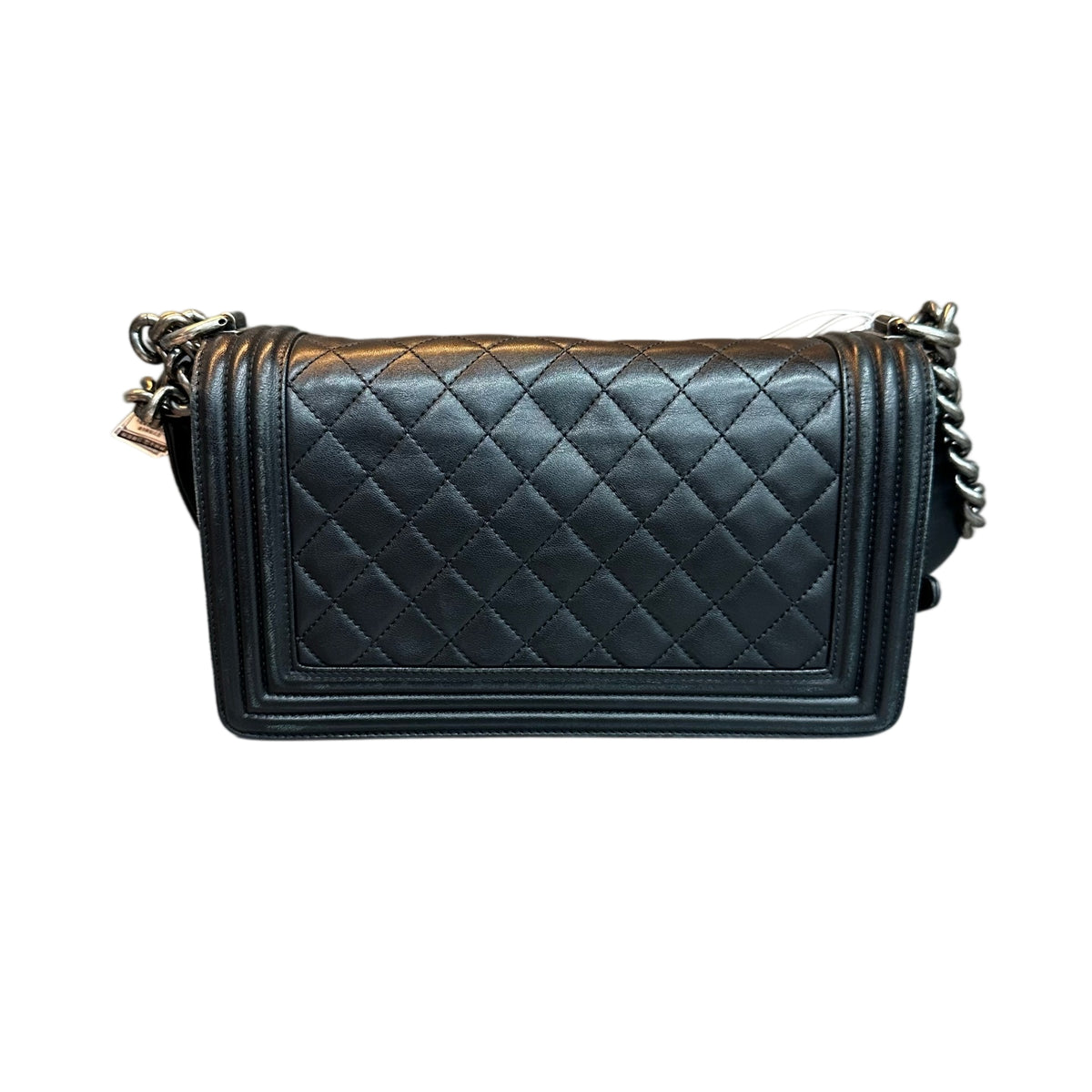 CHANEL Le Boy Black Lambskin Chain Shoulder Bag with Silver Hardware, Size 18
