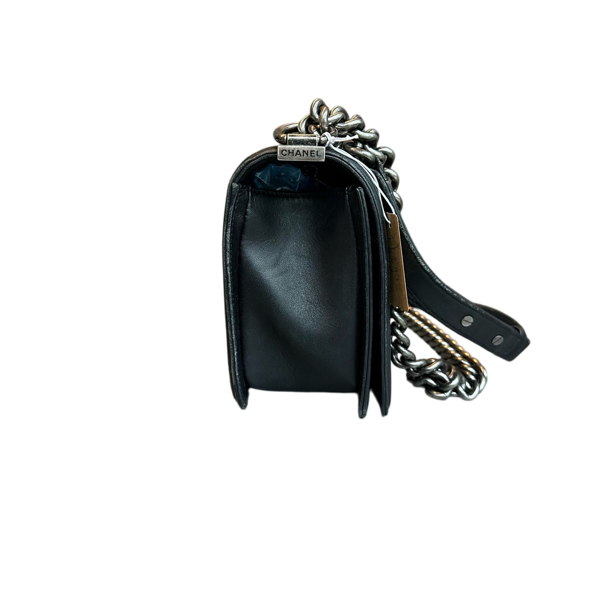 CHANEL Le Boy Black Lambskin Chain Shoulder Bag with Silver Hardware, Size 18