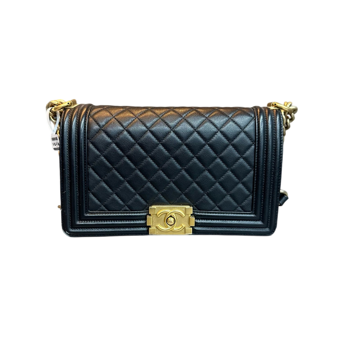 Chanel Le Boy Medium Black Gold Calfskin Chain Bag 20 Opening