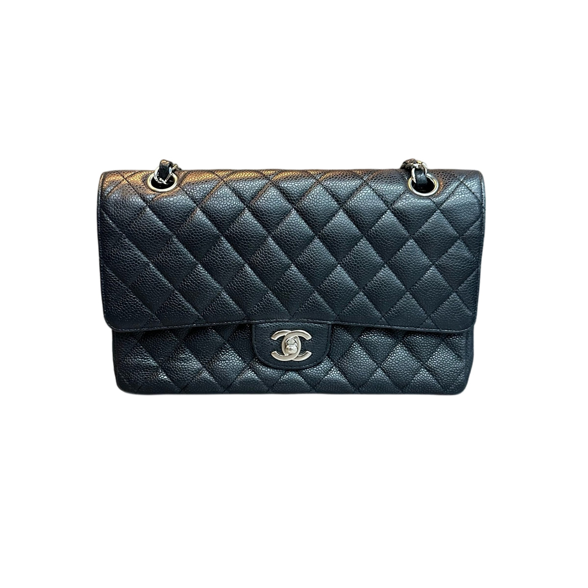 Chanel CF Medium Black Silver Lizard Leather Chain Bag 15 Series Structured Shape Clean Interior