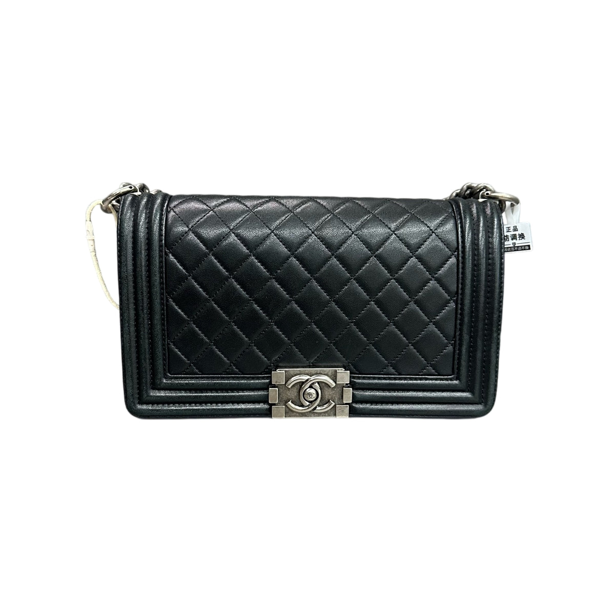 Chanel Le Boy Medium Black Silver Lambskin Chain Bag 20 Opening No Card Structure Bag Clean Interior