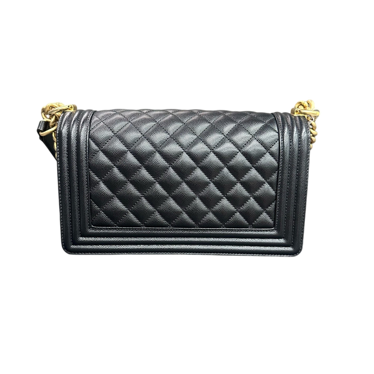 Chanel Le Boy Medium Black Gold Lambskin Chain Bag with Chip, Structured Shape, Clean Interior.