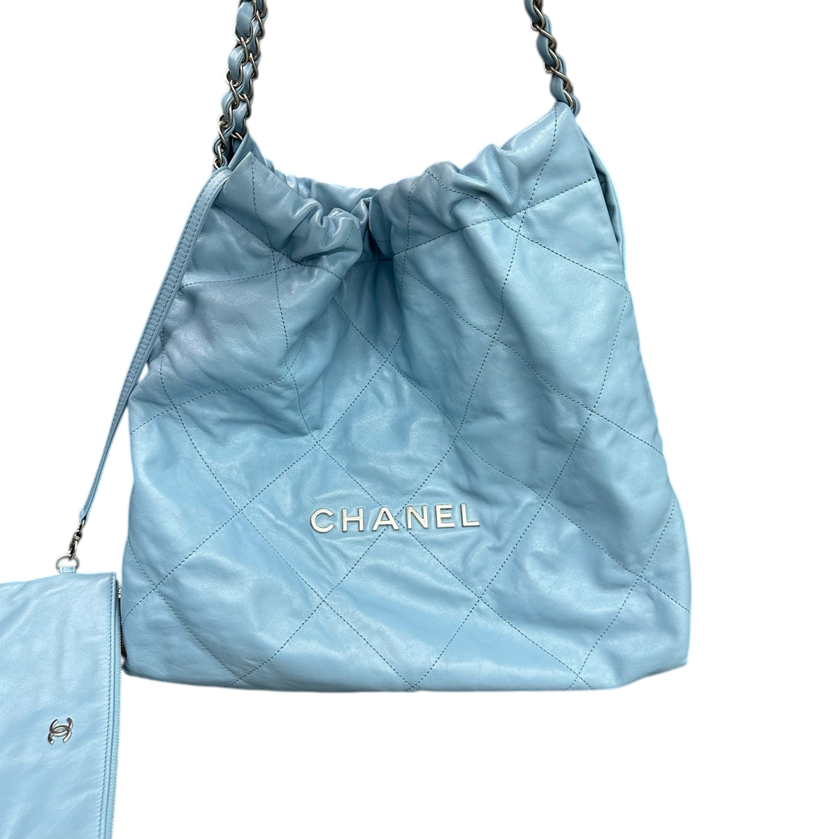 Chanel 22 Bag Blue Silver Oiled Leather Trash Bag Chip Model (Consignment)