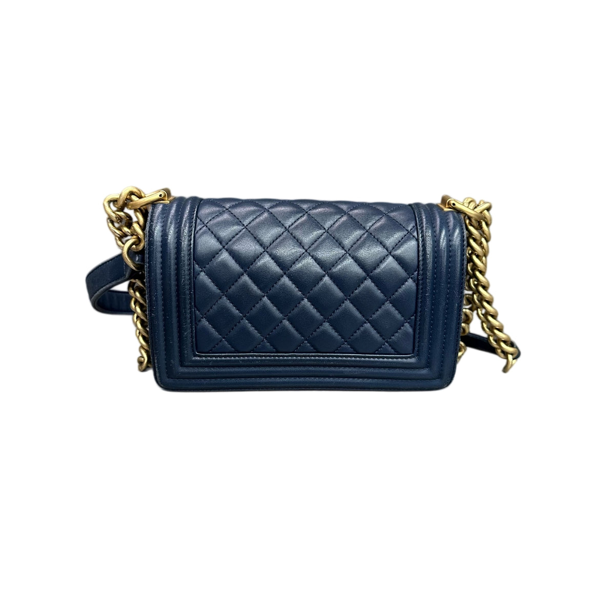 Chanel Le Boy Small Blue Gold Caviar Leather Chain Bag 24K with Cardholder, Structured Design, Clean Interior
