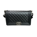 Chanel Le Boy Medium Black Silver Litchi Leather Chain Bag 26 Opening with Card, Structured Interior, Clean Inside
