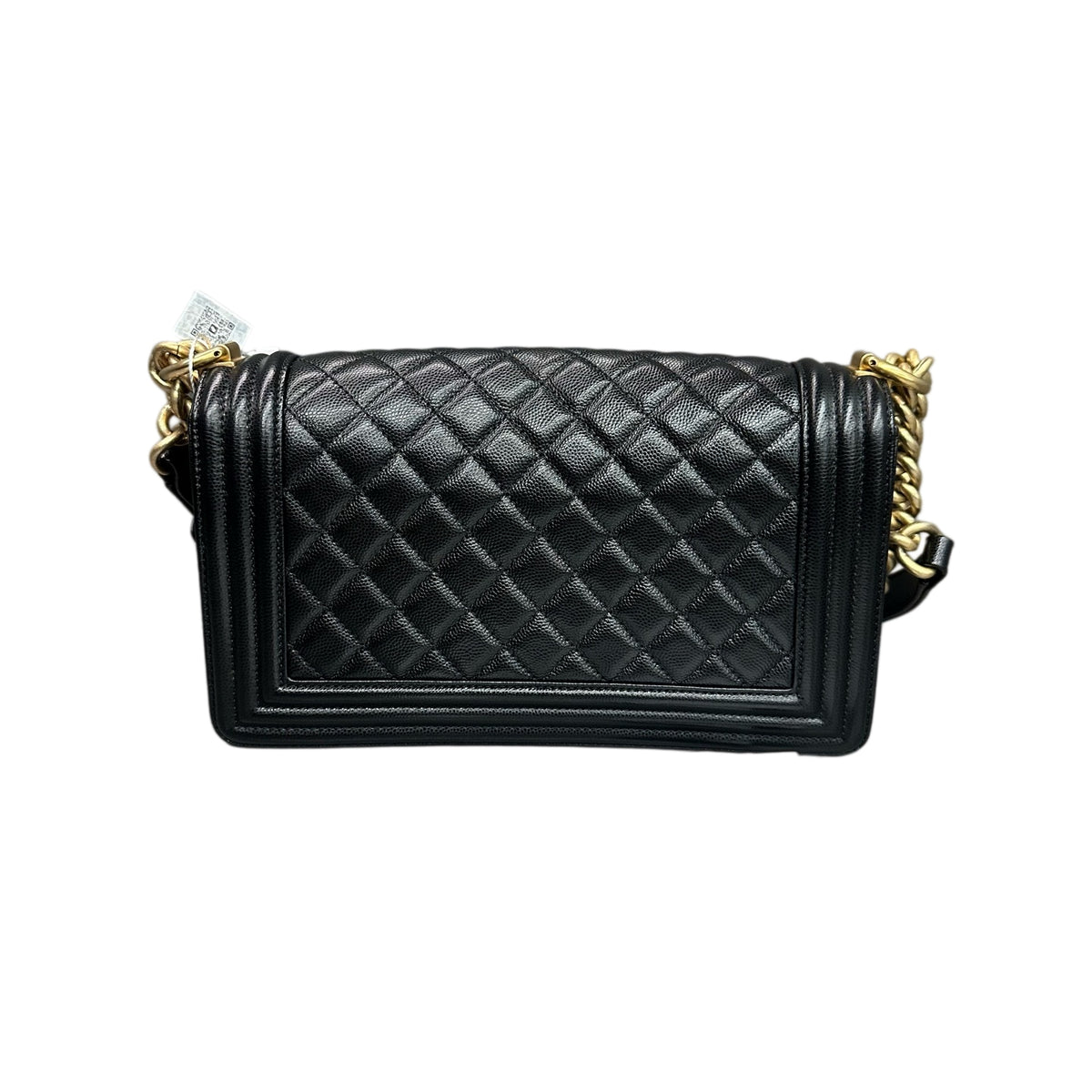 Chanel Le Boy Medium Black Gold Caviar Leather Chain Bag 28 with Card and Ticket. Structured bag type, interior clean.