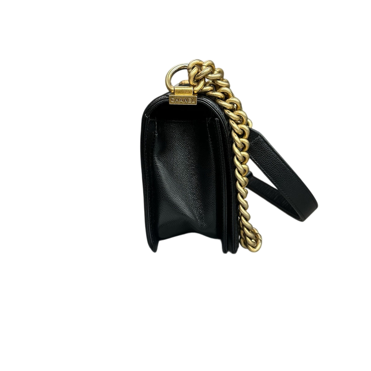 Chanel Le Boy Medium Black Gold Caviar Leather Chain Bag 28 with Card and Ticket. Structured bag type, interior clean.