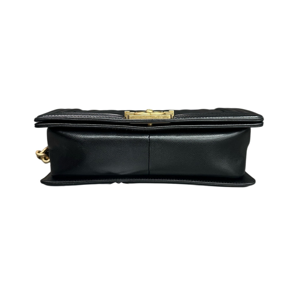 Chanel Le Boy Medium Black Gold Caviar Leather Chain Bag 28 with Card and Ticket. Structured bag type, interior clean.