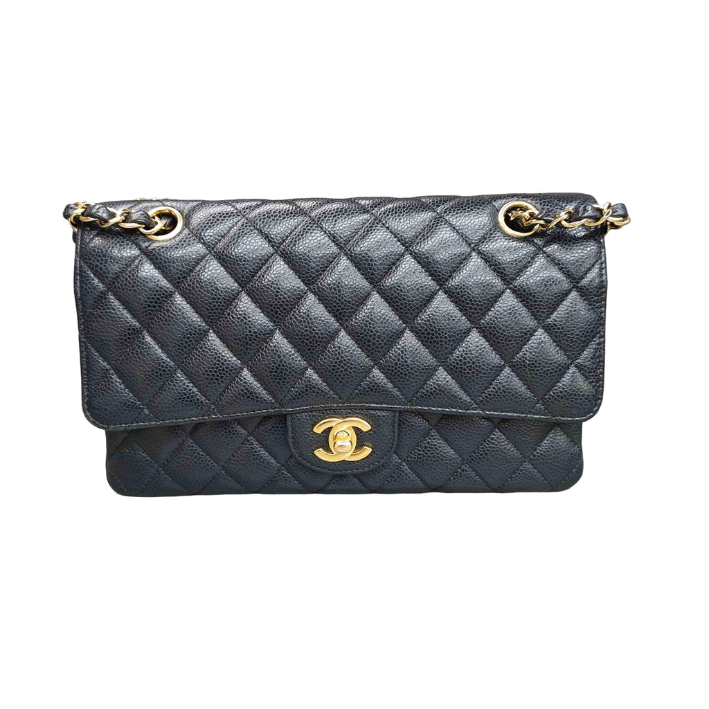 Chanel CF Medium Black with Gold Hardware Litchi Leather 24cm Bag, structured shape, clean interior.