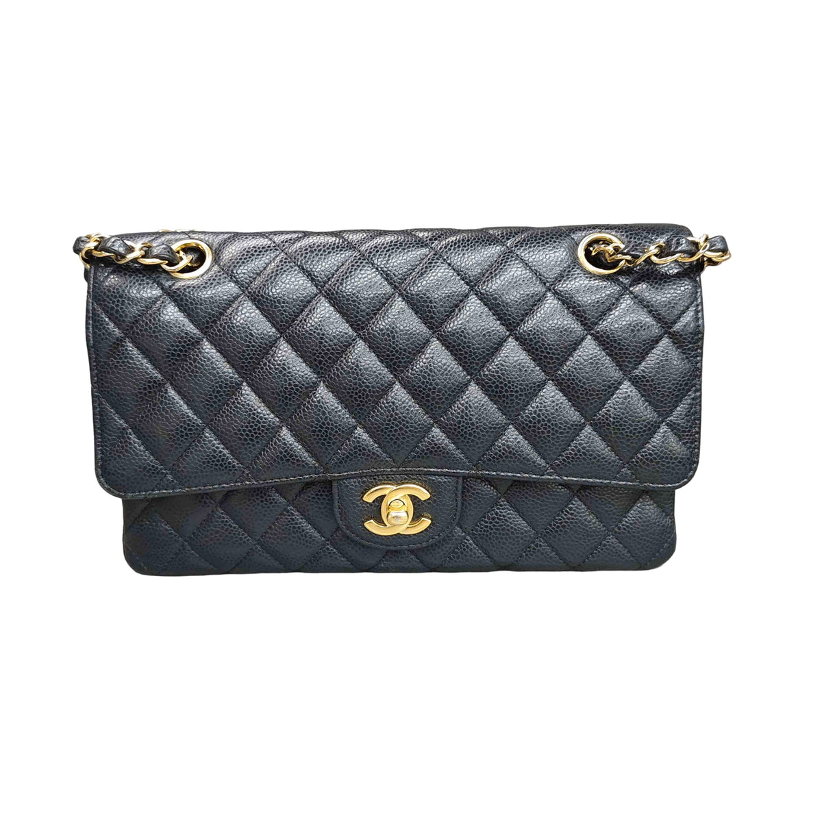 Chanel CF Medium Black with Gold Hardware Litchi Leather 24cm Bag, structured shape, clean interior.