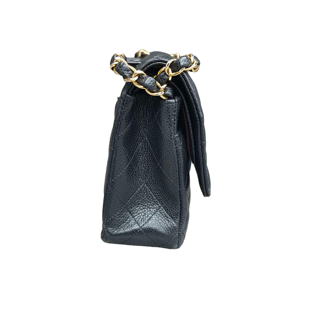 Chanel CF Medium Black with Gold Hardware Litchi Leather 24cm Bag, structured shape, clean interior.