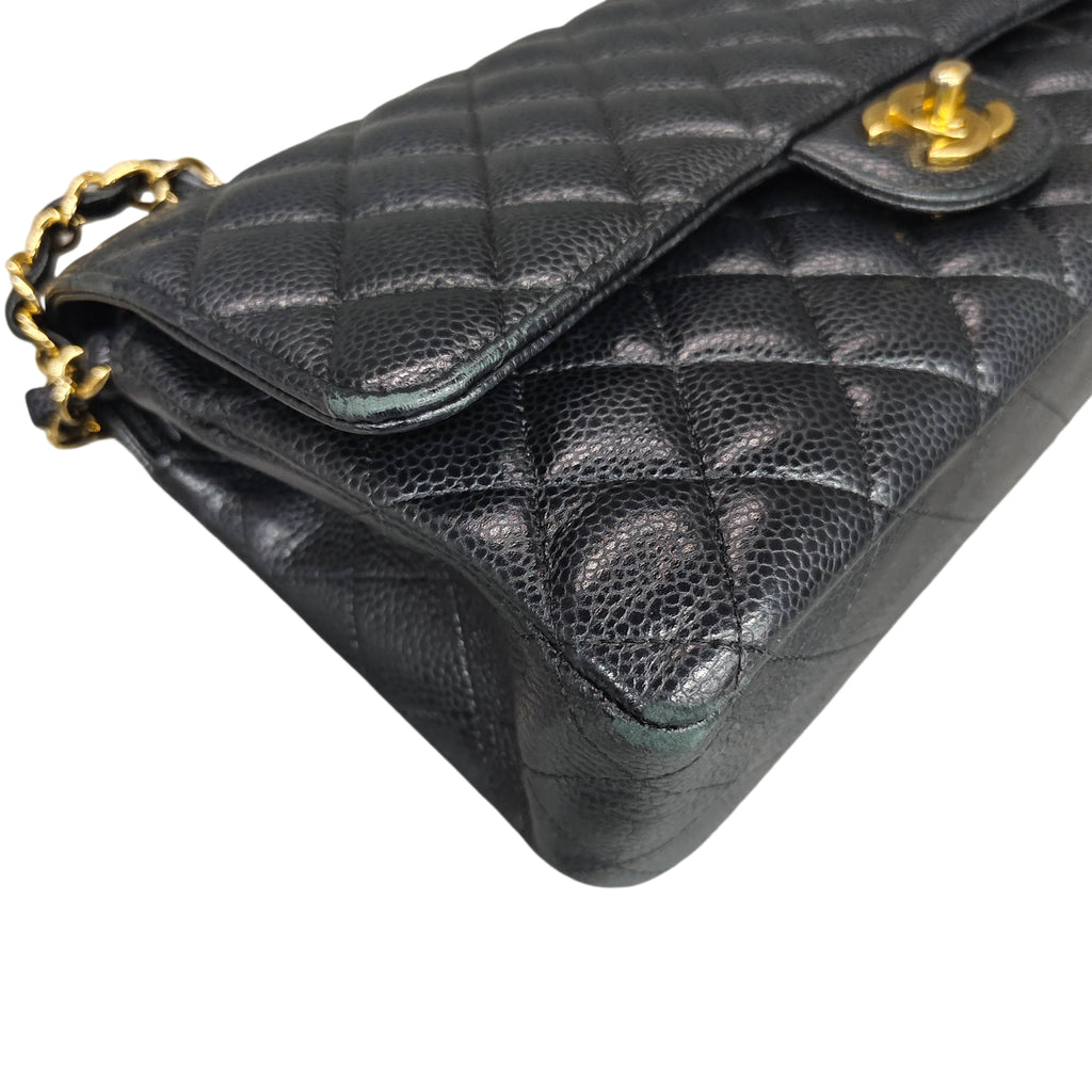 Chanel CF Medium Black with Gold Hardware Litchi Leather 24cm Bag, structured shape, clean interior.