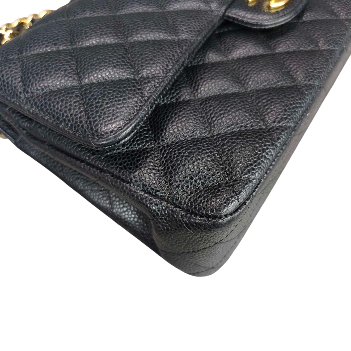 Chanel CF Medium Black and Gold Litchi Leather Chain Bag, 28 opening with card, structured shape, clean interior.