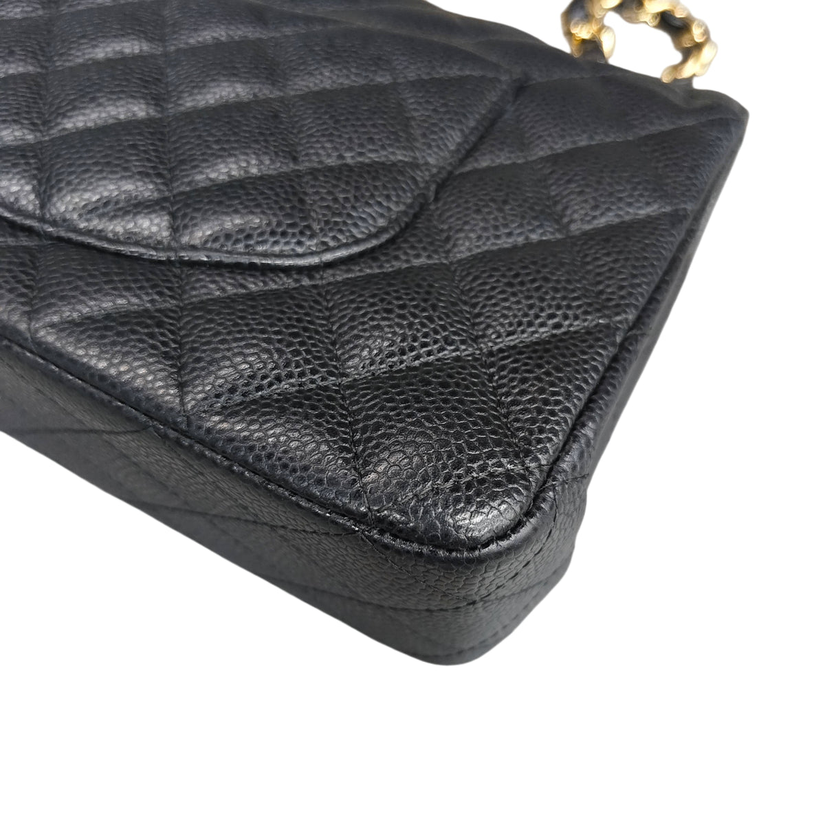 Chanel CF Medium Black and Gold Litchi Leather Chain Bag, 28 opening with card, structured shape, clean interior.