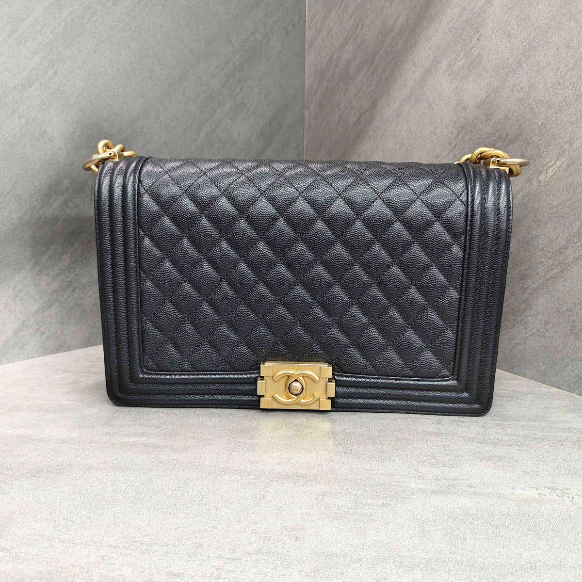 Chanel Black Gold Caviar Leather Leboy Chain Shoulder Bag
