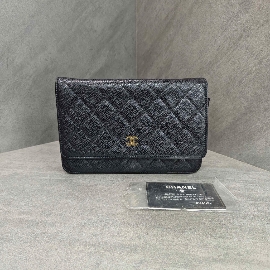 CHANEL Black Gold Lychee Leather WOC Chain Bag 18 Slots with Card.