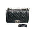 Chanel Le Boy Medium Black and Silver Litchi Cowhide Chain Bag 30 Opening with Card, Three-dimensional Bag Shape, Clean Interior, Available in Stock at a Good Price.