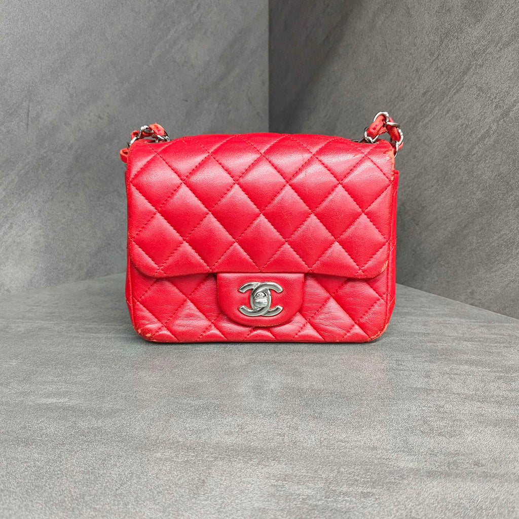 Chanel CF Square Flap Red and Silver Lambskin Chain Bag 22 Opening