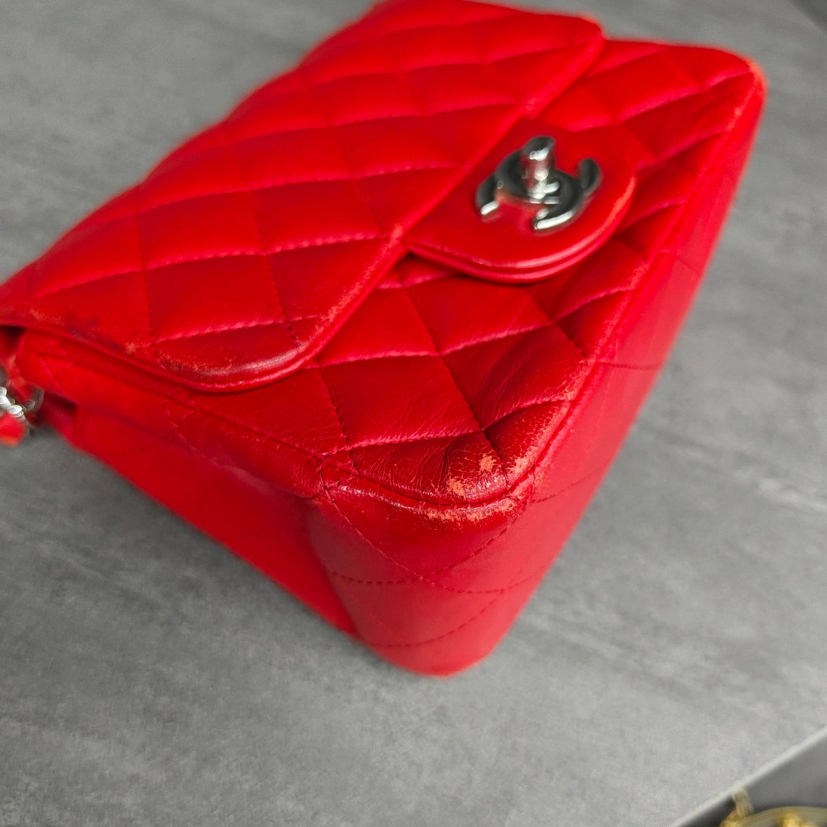 Chanel CF Square Flap Red and Silver Lambskin Chain Bag 22 Opening