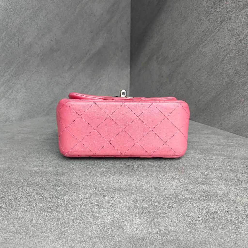 Chanel CF Square Flap Bag in Pink Silver Lambskin with Chain Strap 16 cm