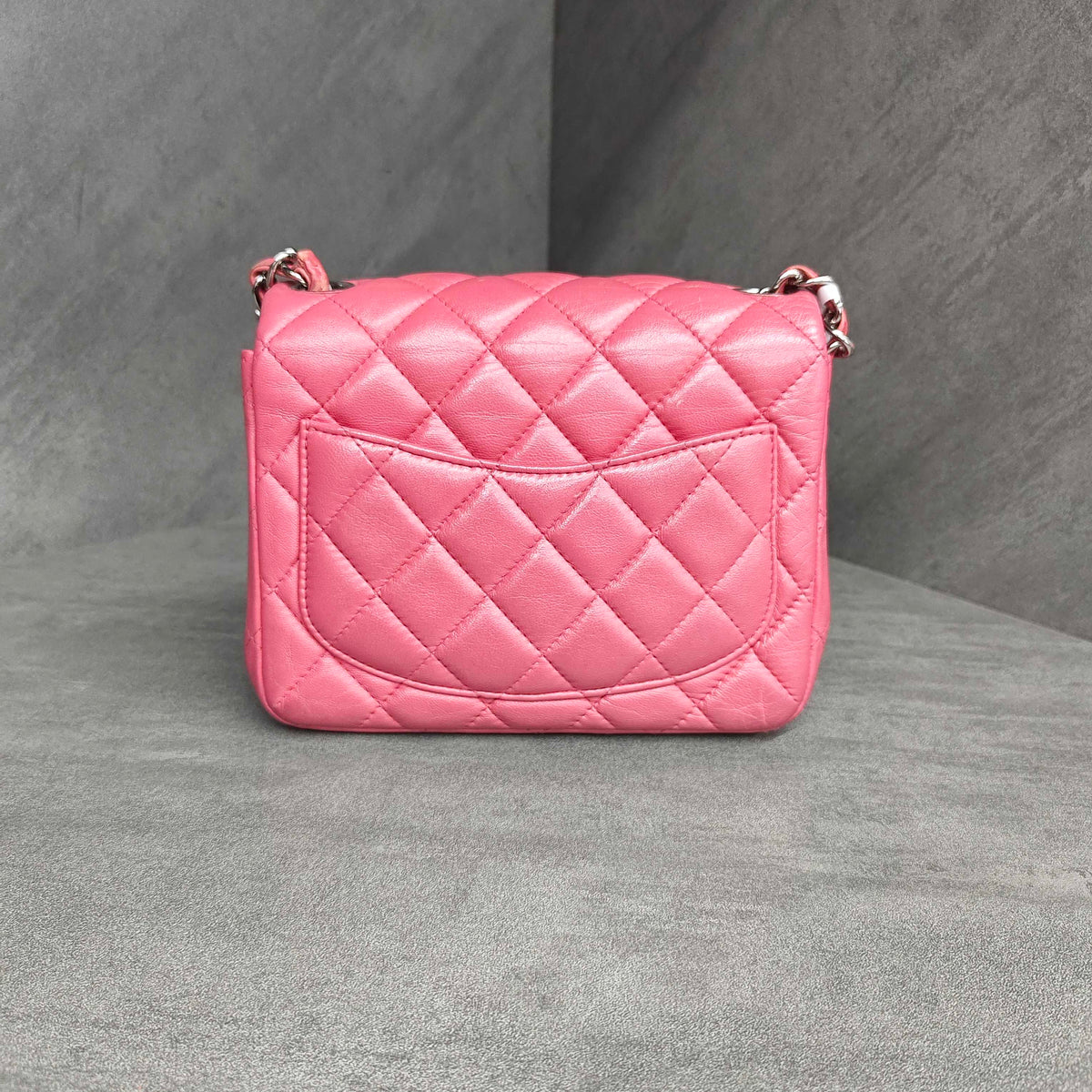 Chanel CF Square Flap Bag in Pink Silver Lambskin with Chain Strap 16 cm