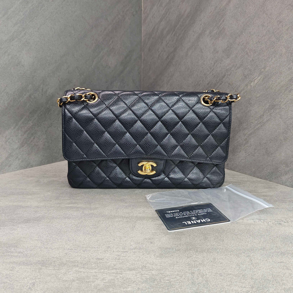 Chanel CF Medium Black Gold Caviar Chain Bag with Card 15 Opening