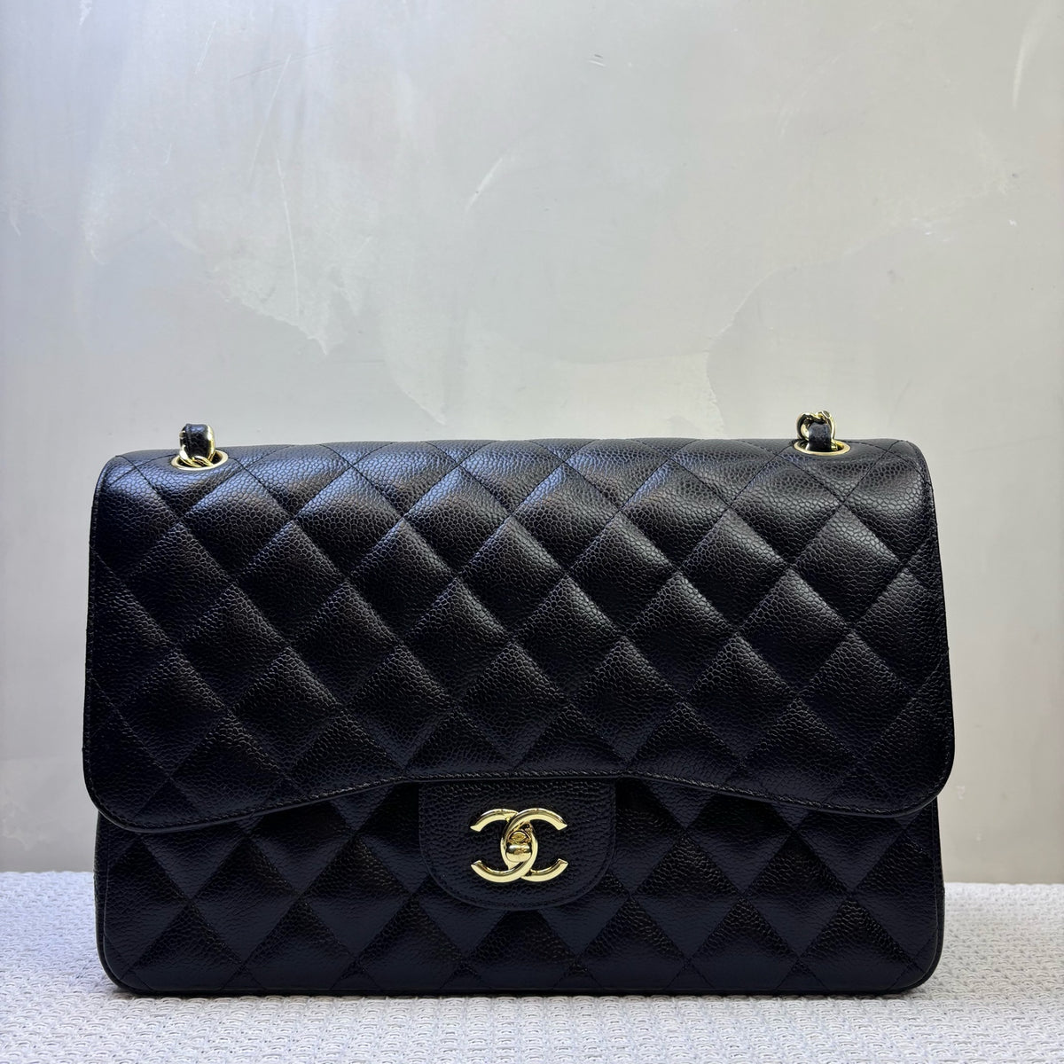 Chanel Classic Flap Jumbo Black Gold Hardware Caviar Leather Double Flap Chain Bag
