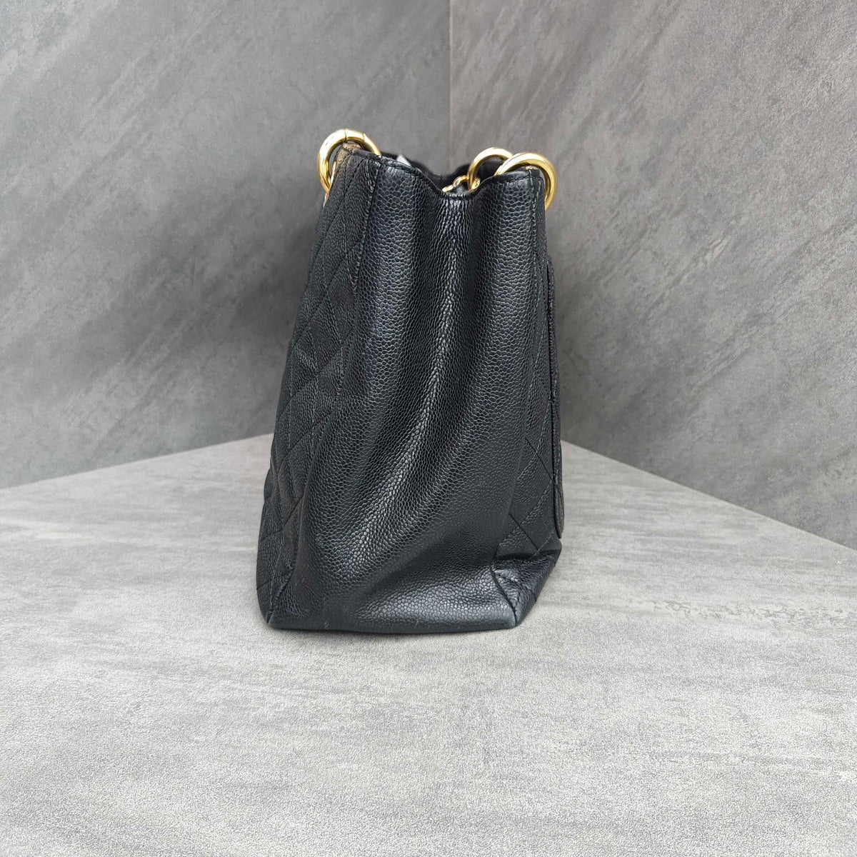 Chanel GST Black Gold Lychee Leather Tote Shoulder Bag 13 Open