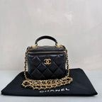 Chanel Black Gold Handle Mini Box Bag Lambskin Makeup Case Classic Quilted Pattern