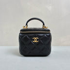 Chanel Black Gold Handle Mini Box Bag Lambskin Makeup Case Classic Quilted Pattern