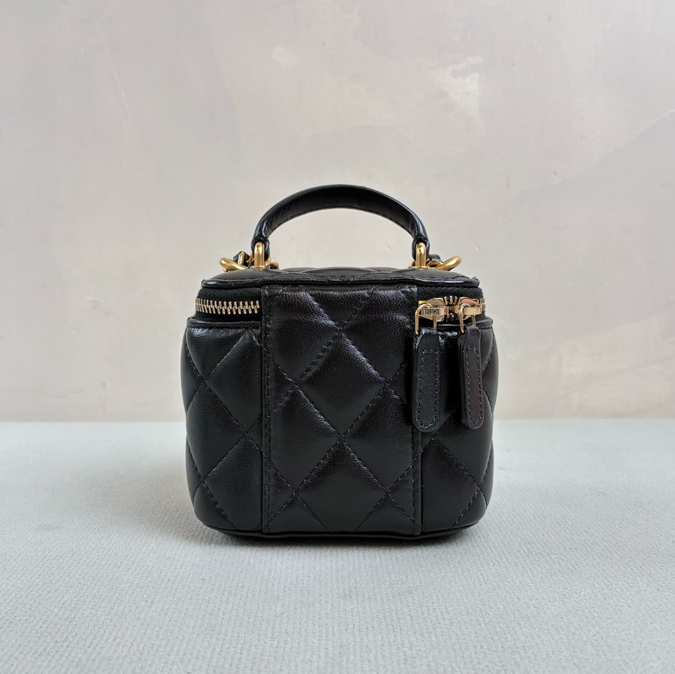 Chanel Black Gold Handle Mini Small Box Bag Lambskin Leather Makeup Case Classic Quilted Pattern