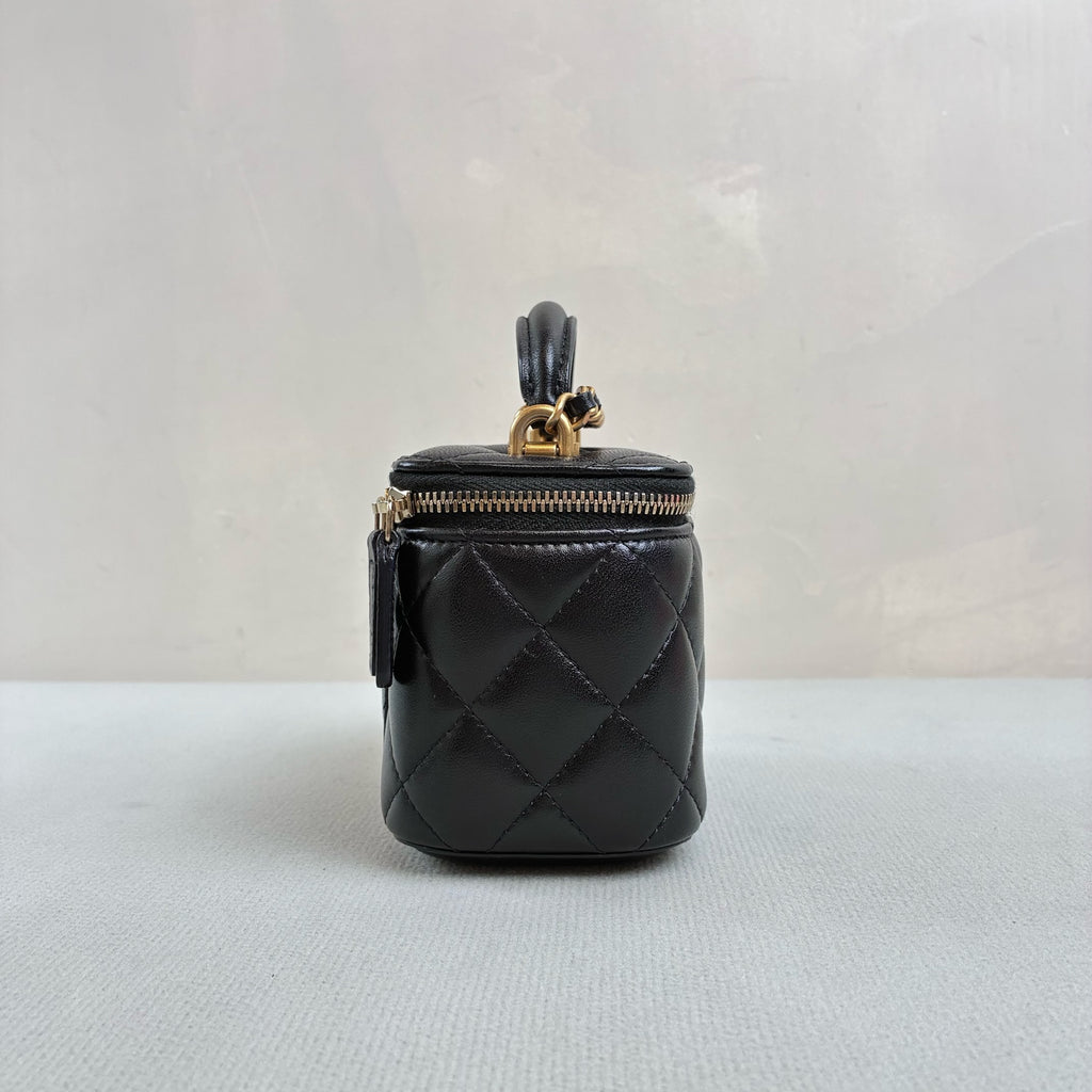 Chanel Black Gold Handle Mini Box Bag Lambskin Makeup Case Classic Quilted Pattern