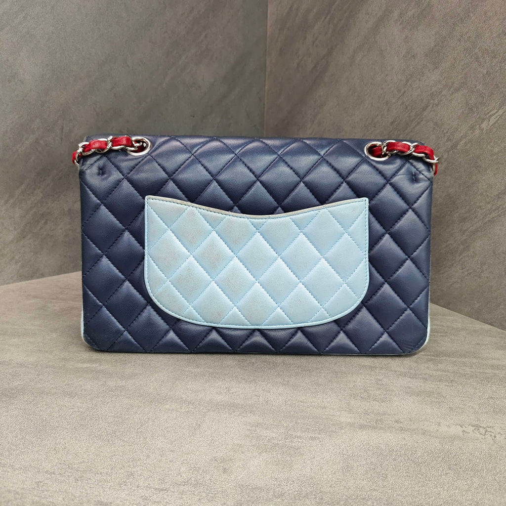 Chanel Color Block Silver Buckle Lambskin CF Medium Chain Shoulder Bag 22 Opening with Card