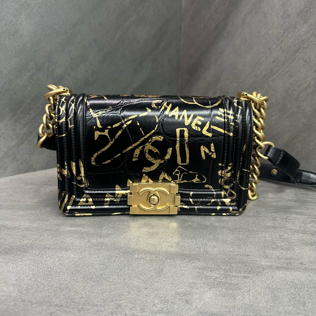 Chanel Le Boy Egypt Limited Edition Black Gold Crocodile Embossed Logo Graffiti Crossbody Bag