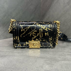 Chanel Le Boy Egypt Limited Edition Black Gold Crocodile Embossed Logo Graffiti Crossbody Bag