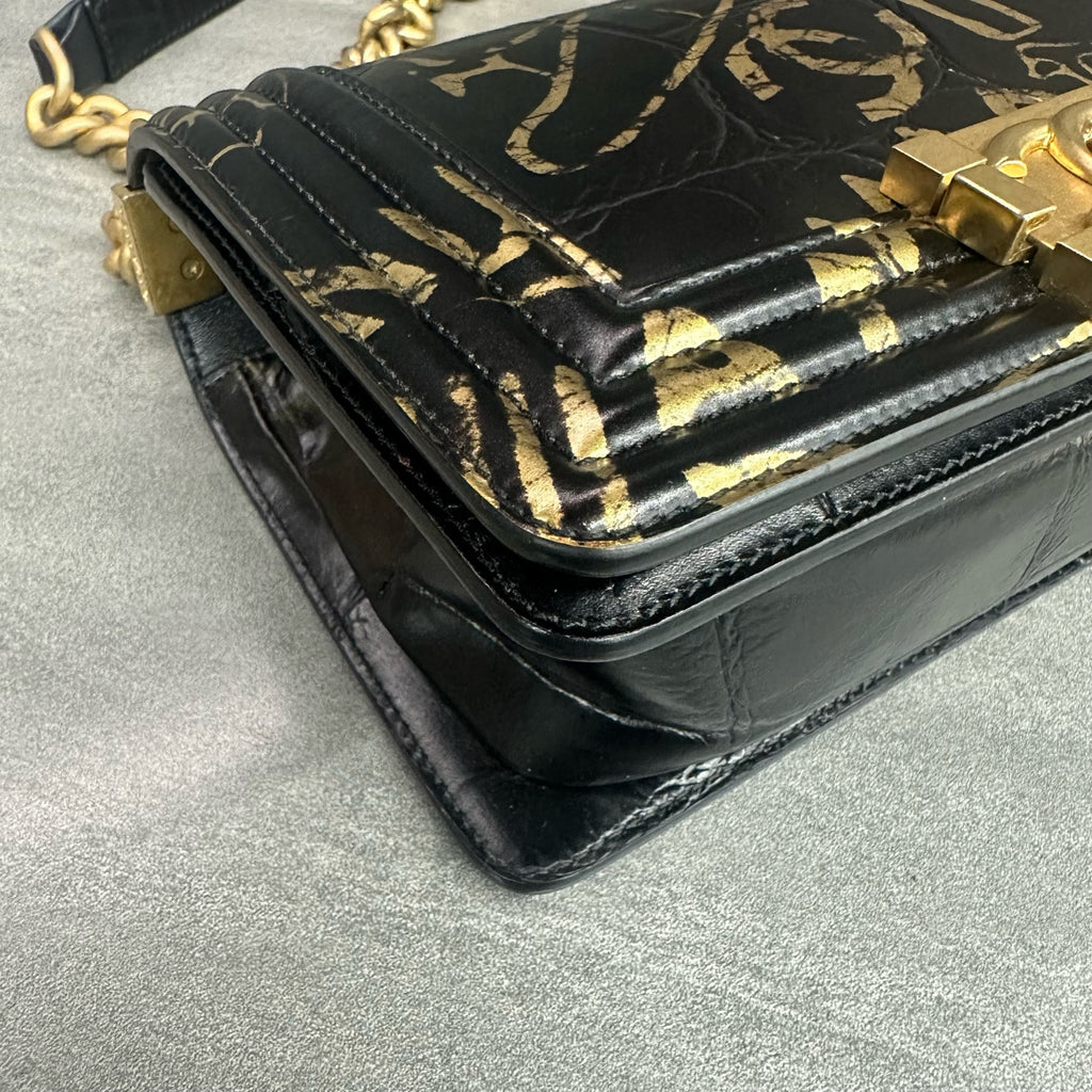 Chanel Le Boy Egypt Limited Edition Black Gold Crocodile Embossed Logo Graffiti Crossbody Bag