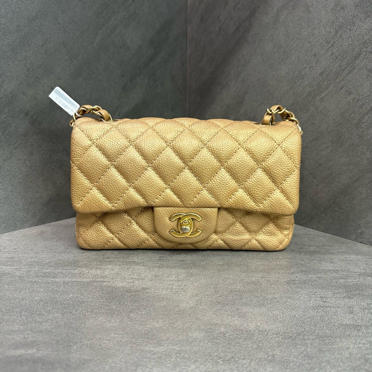 CHANEL Classic Flap Large Mini Gold Quilted Calfskin Chain Bag with Gold-Tone Hardware