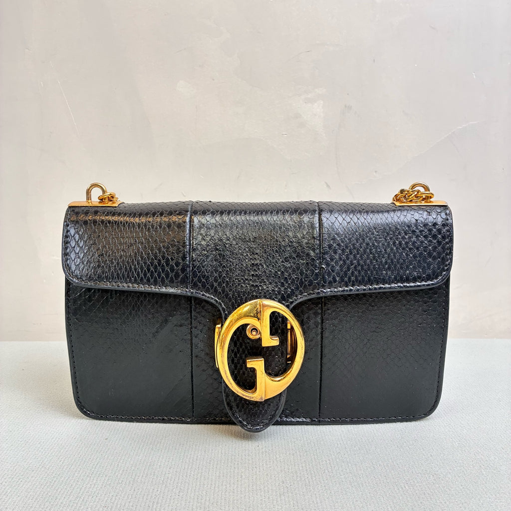 Gucci Black Gold Python Chain Shoulder Crossbody Bag