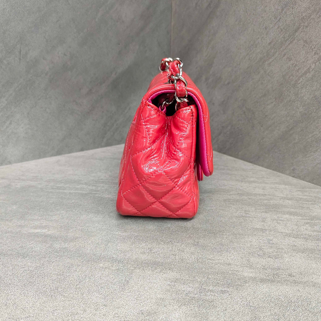 Chanel Pink Silver Patent Leather Square Flap Bag 19 Without Card