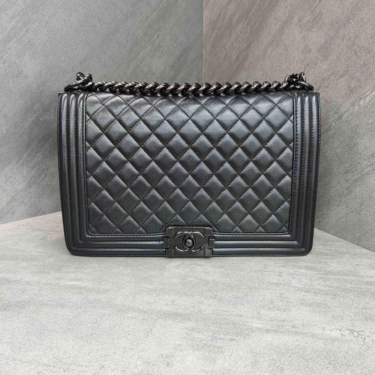 Chanel Le Boy Black Caviar Leather Classic Diamond Quilt with Black Hardware