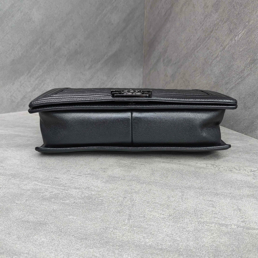 Chanel Le Boy Black Caviar Leather Classic Diamond Quilt with Black Hardware
