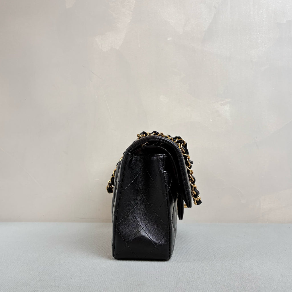 Chanel Small Lambskin Classic Flap Double Flap Chain Bag with Chip in Black and Gold